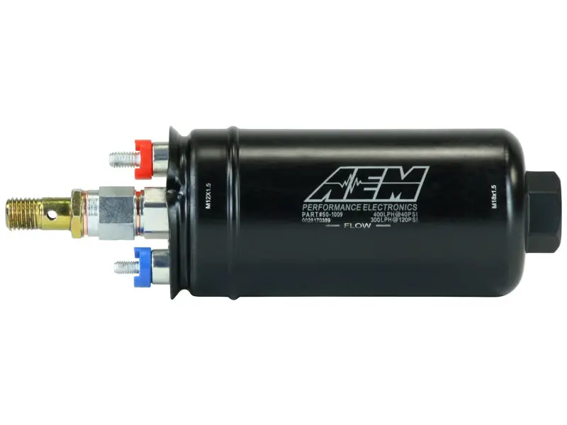 Aem 400 Lph High-Pressure Inline Fuel Pump – M18X1.5 Female Inlet, M12X1.5 Male Outlet 1
