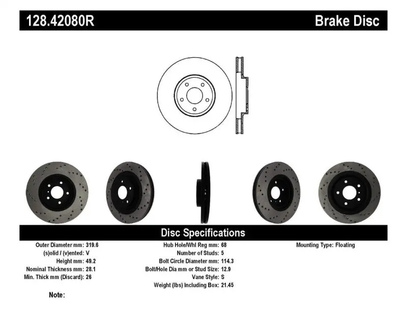 Stoptech Drilled Front Right Brake Rotor – Compatible With Infiniti Ex35 (2008–2009), G35 (2005–2008), G37 (2009), And M35/M45 (2006–2009) 1