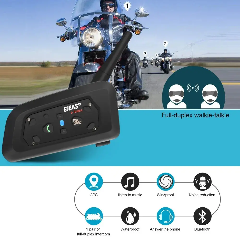 Ejeas V6 Pro Bluetooth Motorcycle Helmet Intercom Headset With 1200M Bt Interphone Communicator For 6 Riders Waterproof 1