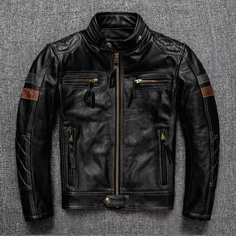 Free Shipping. Brand New Pro Motor Biker Real Leather Jacket.Black Men Rider Cowhide Coat.Quality Leather Cloth Cuero Natural 1