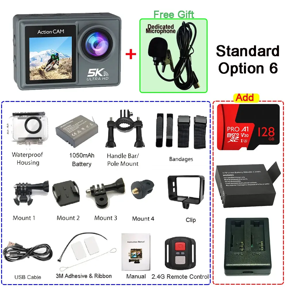 5K 4K60fps Action Camera Dual Ips Touch Lcd Eis 170° Dvr 30M Waterproof 5X Zoom Sport Camera With Wireless Mic & Pre Recording 15