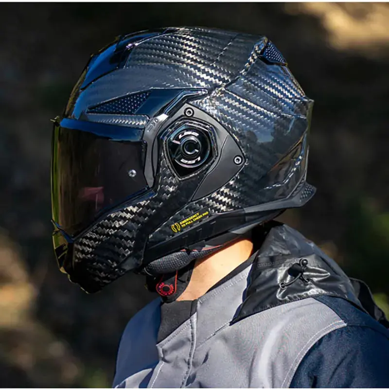 LS2 FF901 Advant X Carbon Fiber Flip-Up Motorcycle Helmet Featuring 180-Degree Rotating Visor and Integrated Dual-Lens Sun Shield