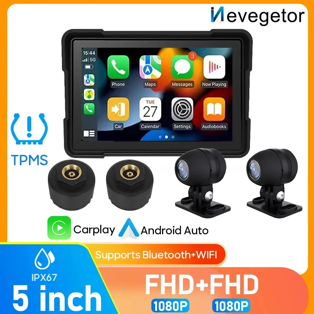 Nevegetor 5 Inch Motorcycle Carplay Waterproof 1080P Wifi Wireless Android-Auto Dvr Monitor Dash Cam Gps Navigation Tpms 1