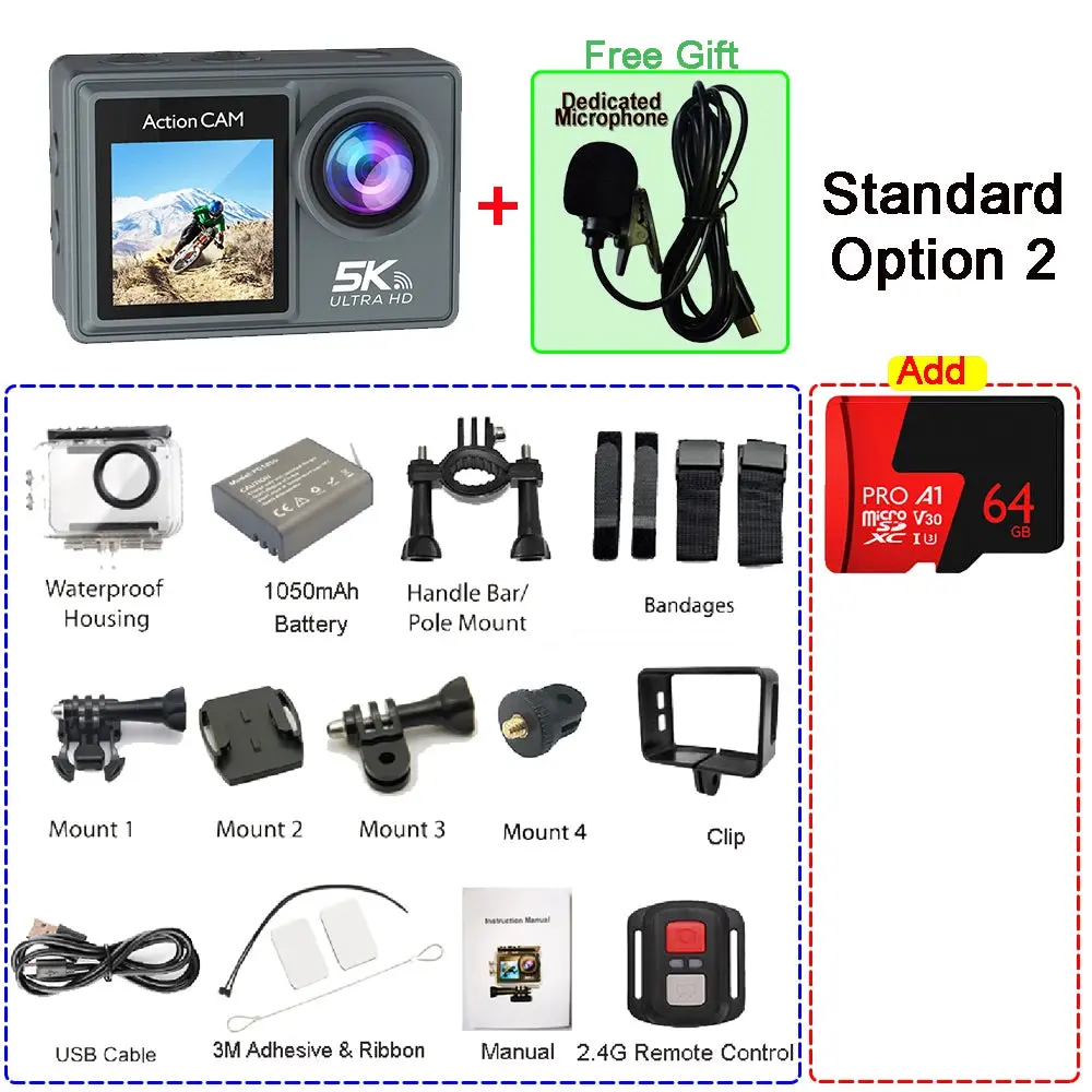 5K 4K60fps Action Camera Dual Ips Touch Lcd Eis 170° Dvr 30M Waterproof 5X Zoom Sport Camera With Wireless Mic & Pre Recording 7
