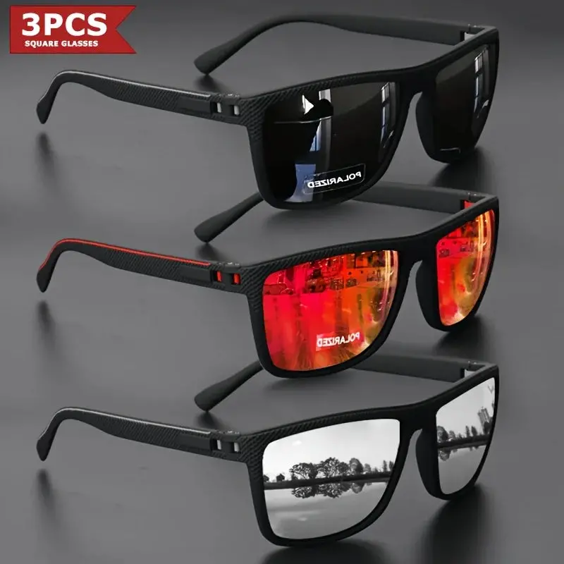 3Pcs New Square Sunglasses Full Frame Polarized Spring Hinge Lightweight Unisex For Driving Fishing Sports Fashion 3