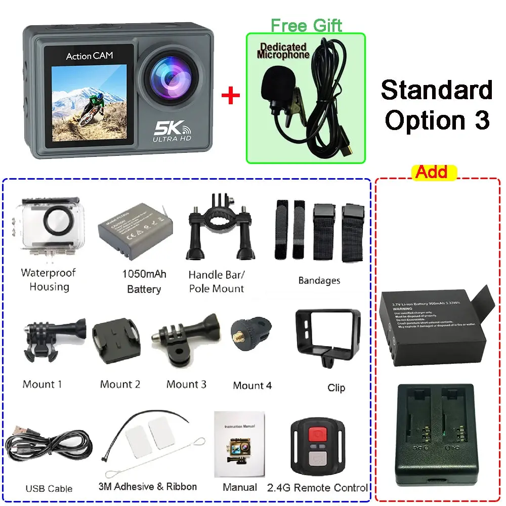 5K 4K60fps Action Camera Dual Ips Touch Lcd Eis 170° Dvr 30M Waterproof 5X Zoom Sport Camera With Wireless Mic & Pre Recording 18