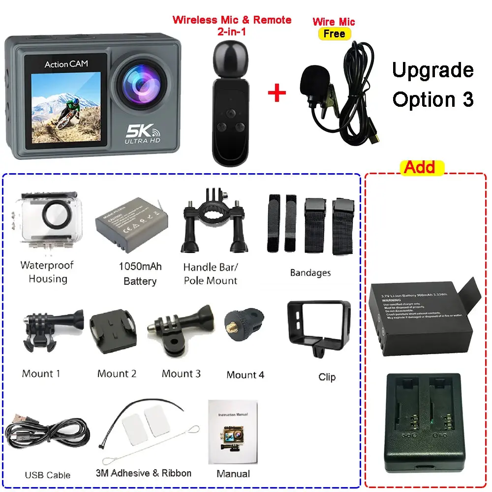 5K 4K60fps Action Camera Dual Ips Touch Lcd Eis 170° Dvr 30M Waterproof 5X Zoom Sport Camera With Wireless Mic & Pre Recording 12