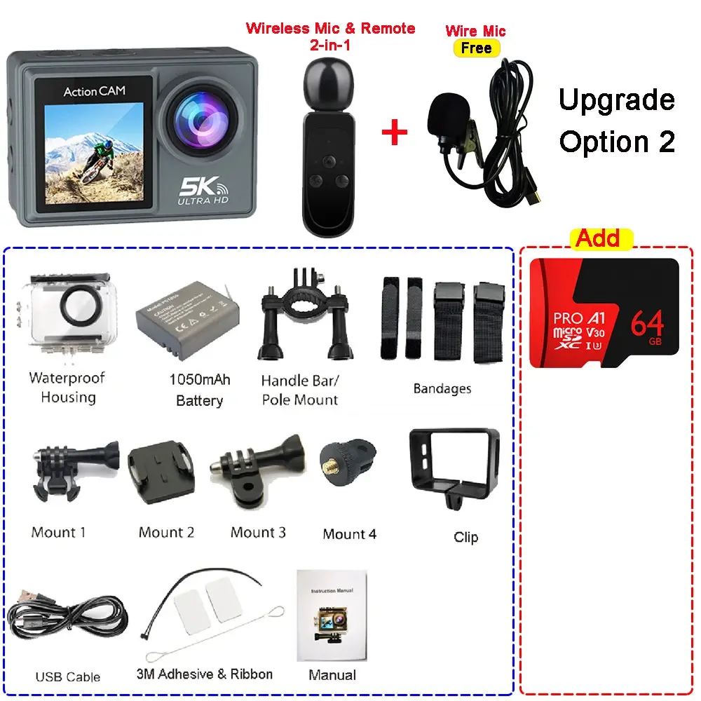 5K 4K60fps Action Camera Dual Ips Touch Lcd Eis 170° Dvr 30M Waterproof 5X Zoom Sport Camera With Wireless Mic & Pre Recording 13