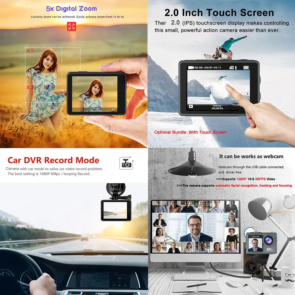 5K 4K60fps Action Camera Dual Ips Touch Lcd Eis 170° Dvr 30M Waterproof 5X Zoom Sport Camera With Wireless Mic & Pre Recording 3