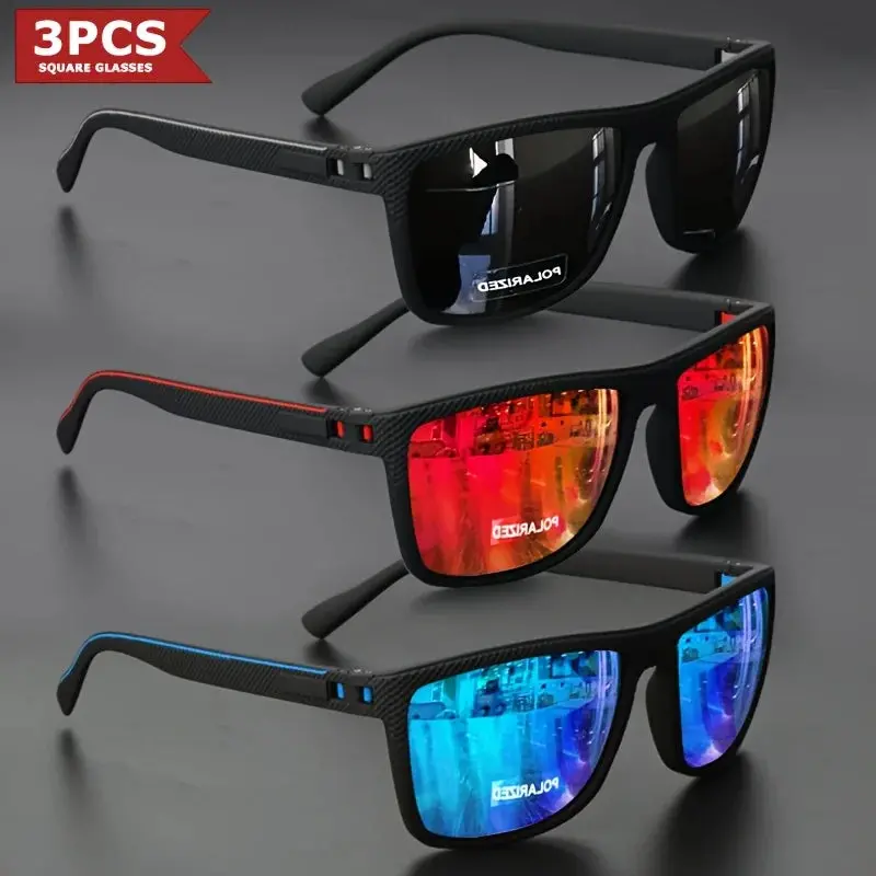 3Pcs New Square Sunglasses Full Frame Polarized Spring Hinge Lightweight Unisex For Driving Fishing Sports Fashion 2