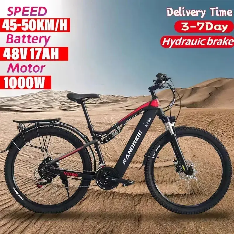 Randride Yg90 Electric Bicycle 1000W 48V17ah Hydraulic Brake Ebike With Full Suspension 21 Gears Shift Free Rack 1