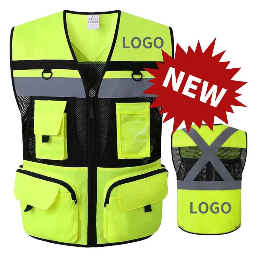 Custom Logo Safety Vest Reflective With Tool Pockets Breathable Work Gilet High Visibility Vest Mesh Reflective Vest Workwear 1