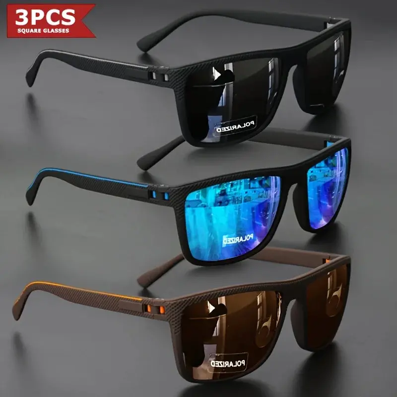 3Pcs New Square Sunglasses Full Frame Polarized Spring Hinge Lightweight Unisex For Driving Fishing Sports Fashion 4