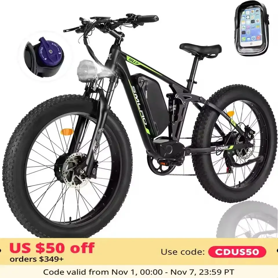 Hots Sales Su7 2000W Dual Motor Electric Bicycle, 7 Speed 35Mph Mtb, 48V 22.4Ah 26 ''Fat Tire Ebike With Full Suspension 1