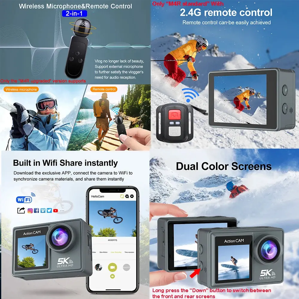 5K 4K60fps Action Camera Dual Ips Touch Lcd Eis 170° Dvr 30M Waterproof 5X Zoom Sport Camera With Wireless Mic & Pre Recording 2