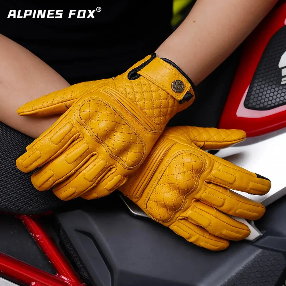 Vintage Motorcycle Gloves Touchscreen Retro Leather Motorbike Glove Men Women Cafe Racer Locomotive Knight Riding Guantes Yellow 3