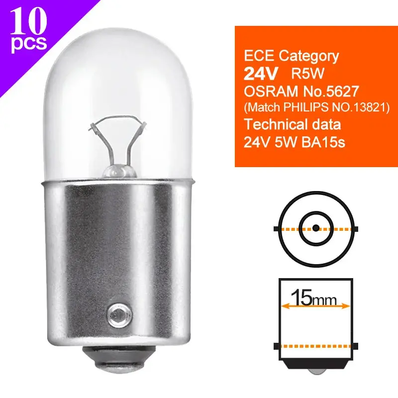 Truck Signal Lamp 24V Tail Stop Brake Back-Up Turn Side Light Osram Halogen Bulbs W5w2845 T10 R5w5627r10w5637 P21w7511 T4w 7537 5