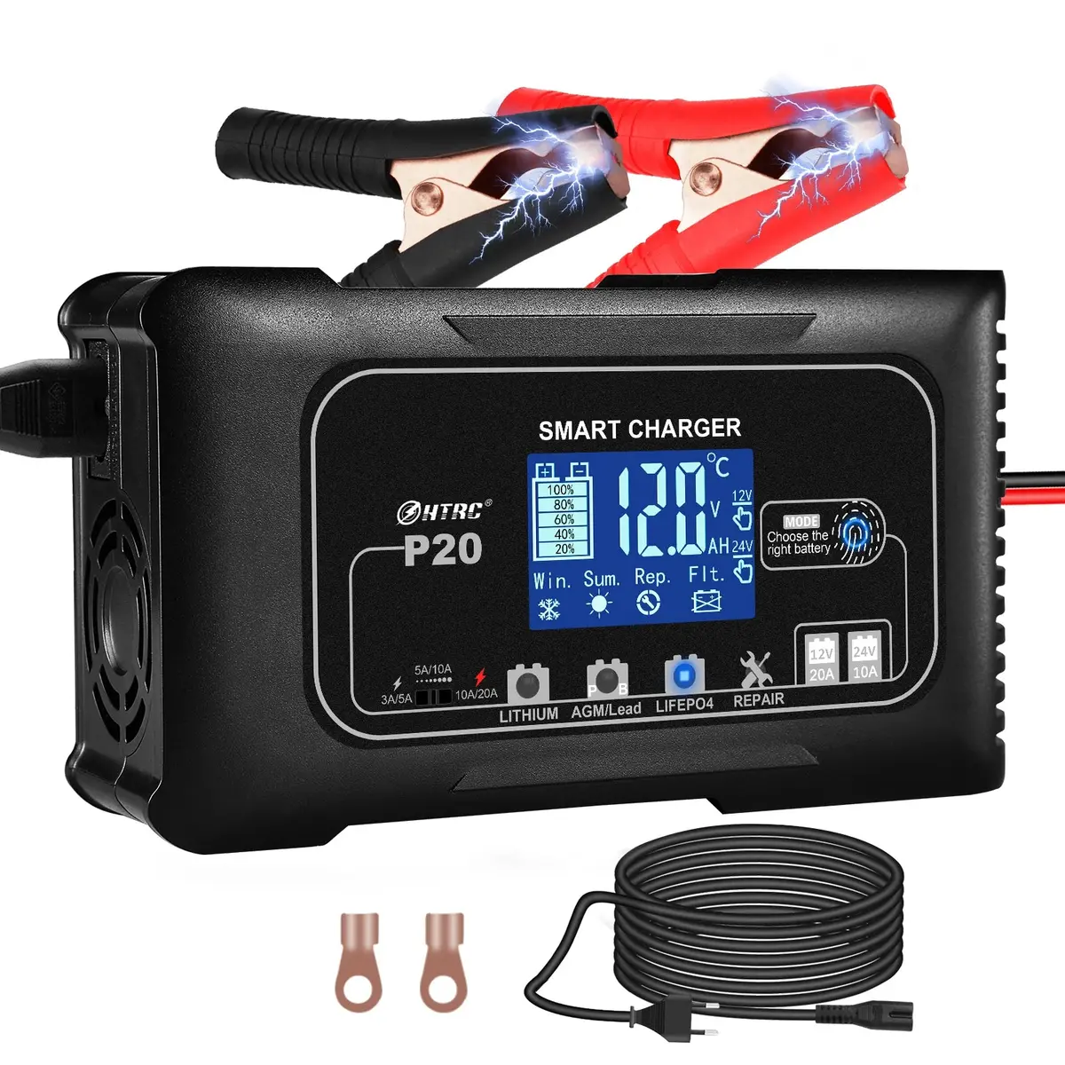 Htrc 12V/24V Car Battery Charger 35A/25A/20A Automatic Charger For Lithium Lifepo4 Agm Gel Lead-Acid Battery Charger For Car 1