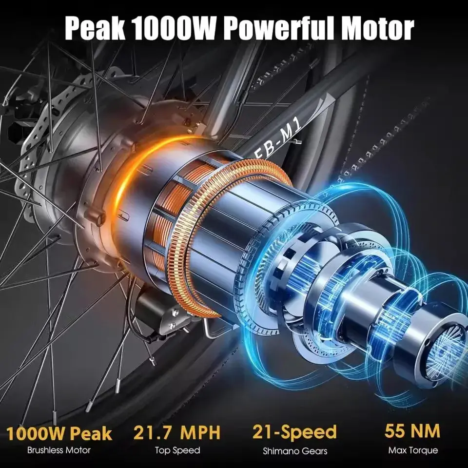 Electric Bike, Peak 1000W Ebike, 26 "Electric Mountain Bike 48V 374.4Wh Battery With Adjustable Stemm, Commuter E Bike 2