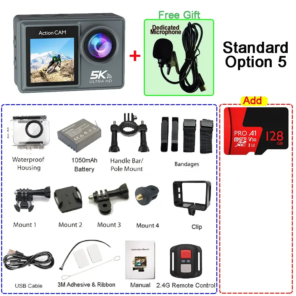 5K 4K60fps Action Camera Dual Ips Touch Lcd Eis 170° Dvr 30M Waterproof 5X Zoom Sport Camera With Wireless Mic & Pre Recording 16
