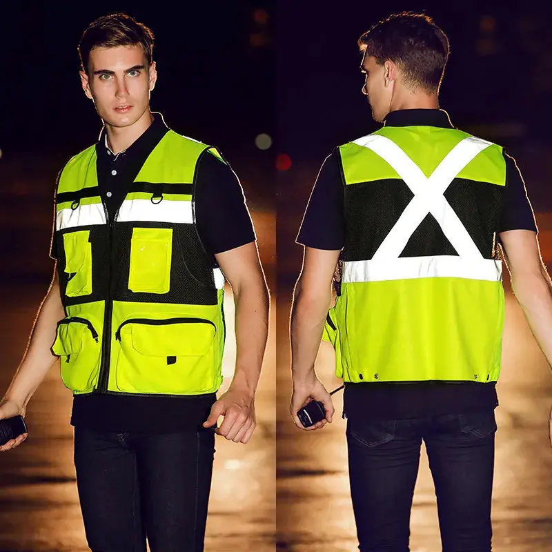 Custom Logo Safety Vest Reflective With Tool Pockets Breathable Work Gilet High Visibility Vest Mesh Reflective Vest Workwear 3