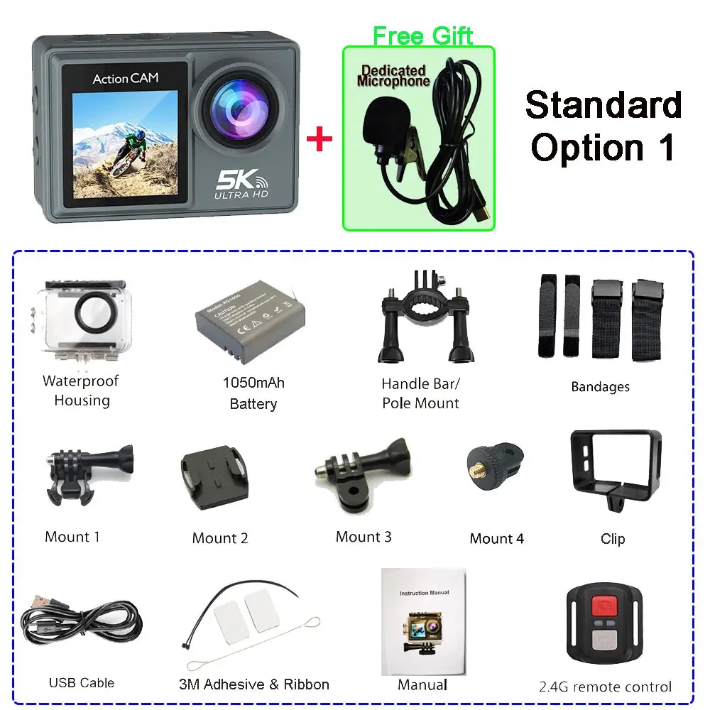 5K 4K60fps Action Camera Dual Ips Touch Lcd Eis 170° Dvr 30M Waterproof 5X Zoom Sport Camera With Wireless Mic & Pre Recording 8