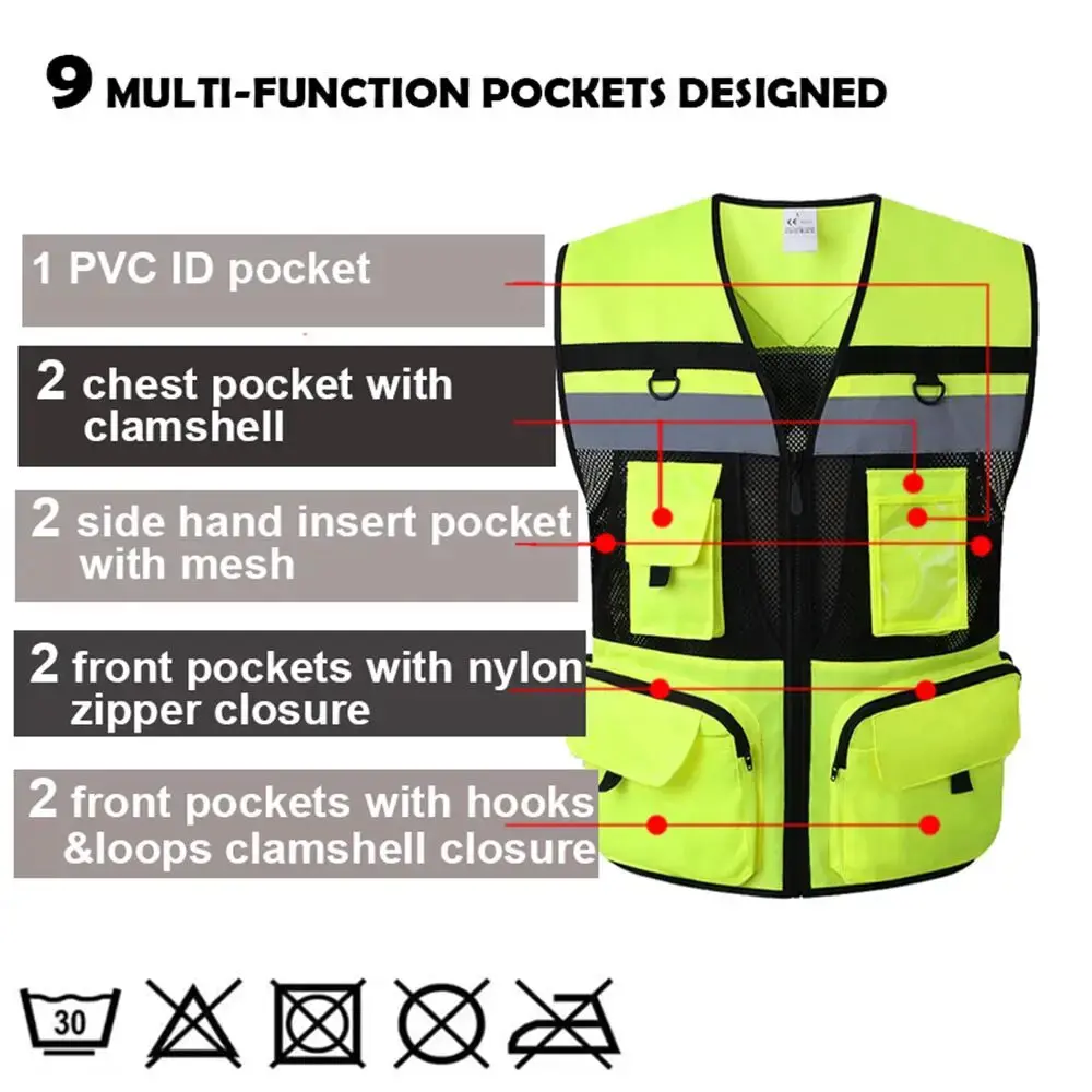Custom Logo Safety Vest Reflective With Tool Pockets Breathable Work Gilet High Visibility Vest Mesh Reflective Vest Workwear 4