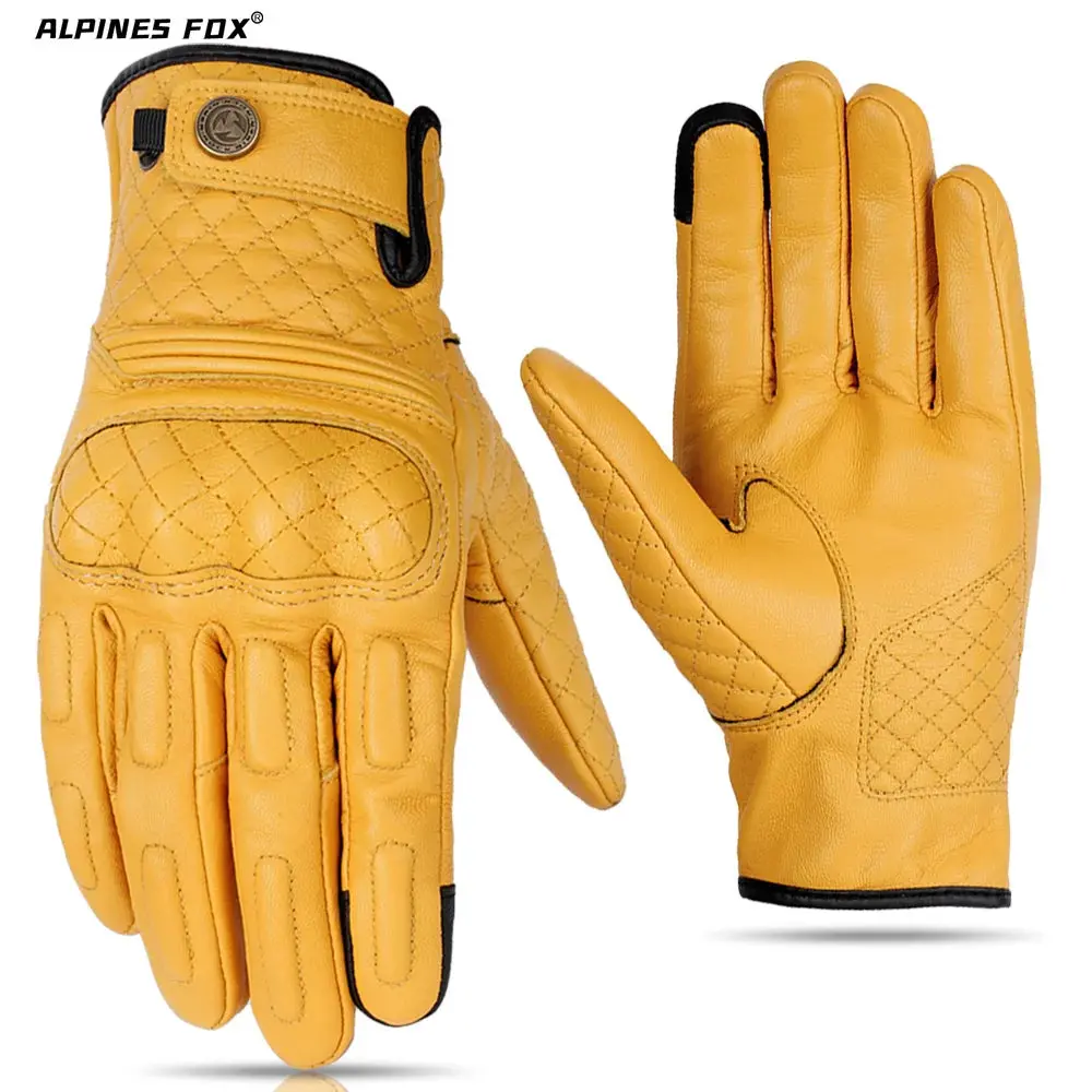 Vintage Motorcycle Gloves Touchscreen Retro Leather Motorbike Glove Men Women Cafe Racer Locomotive Knight Riding Guantes Yellow 8