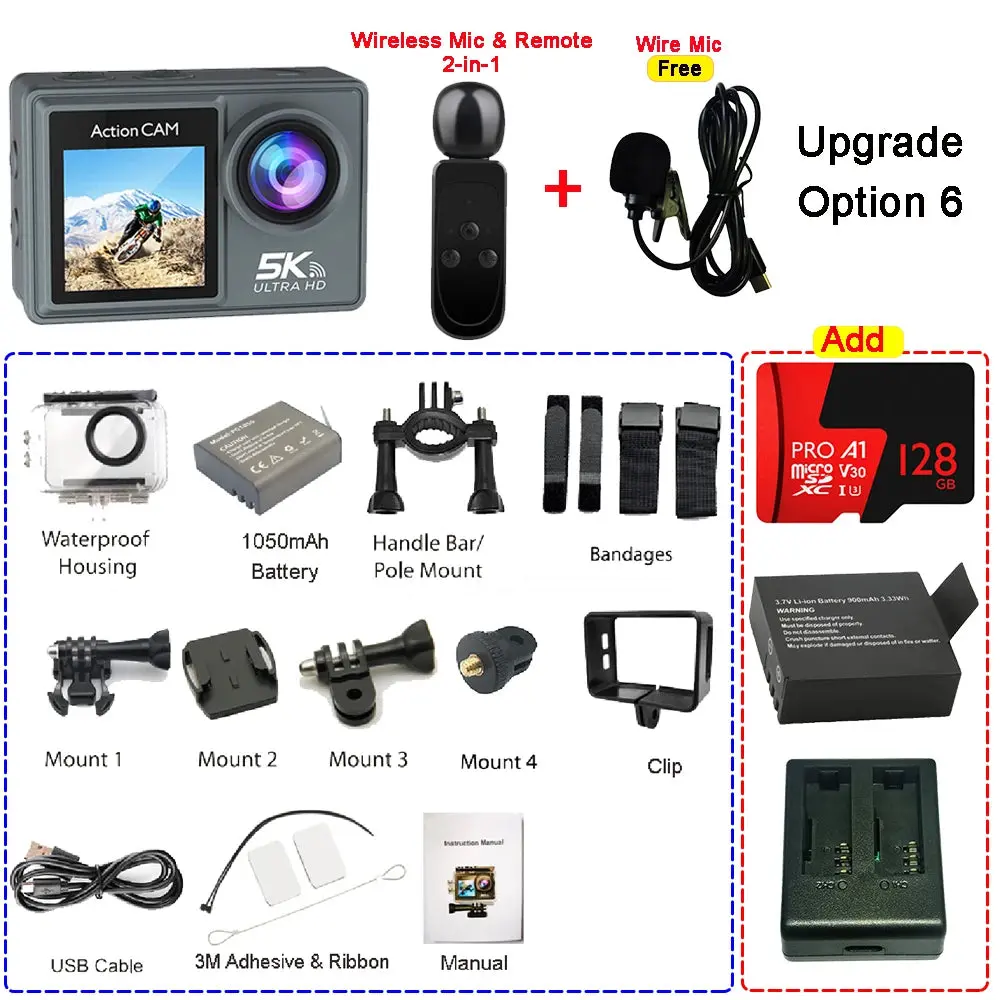 5K 4K60fps Action Camera Dual Ips Touch Lcd Eis 170° Dvr 30M Waterproof 5X Zoom Sport Camera With Wireless Mic & Pre Recording 9