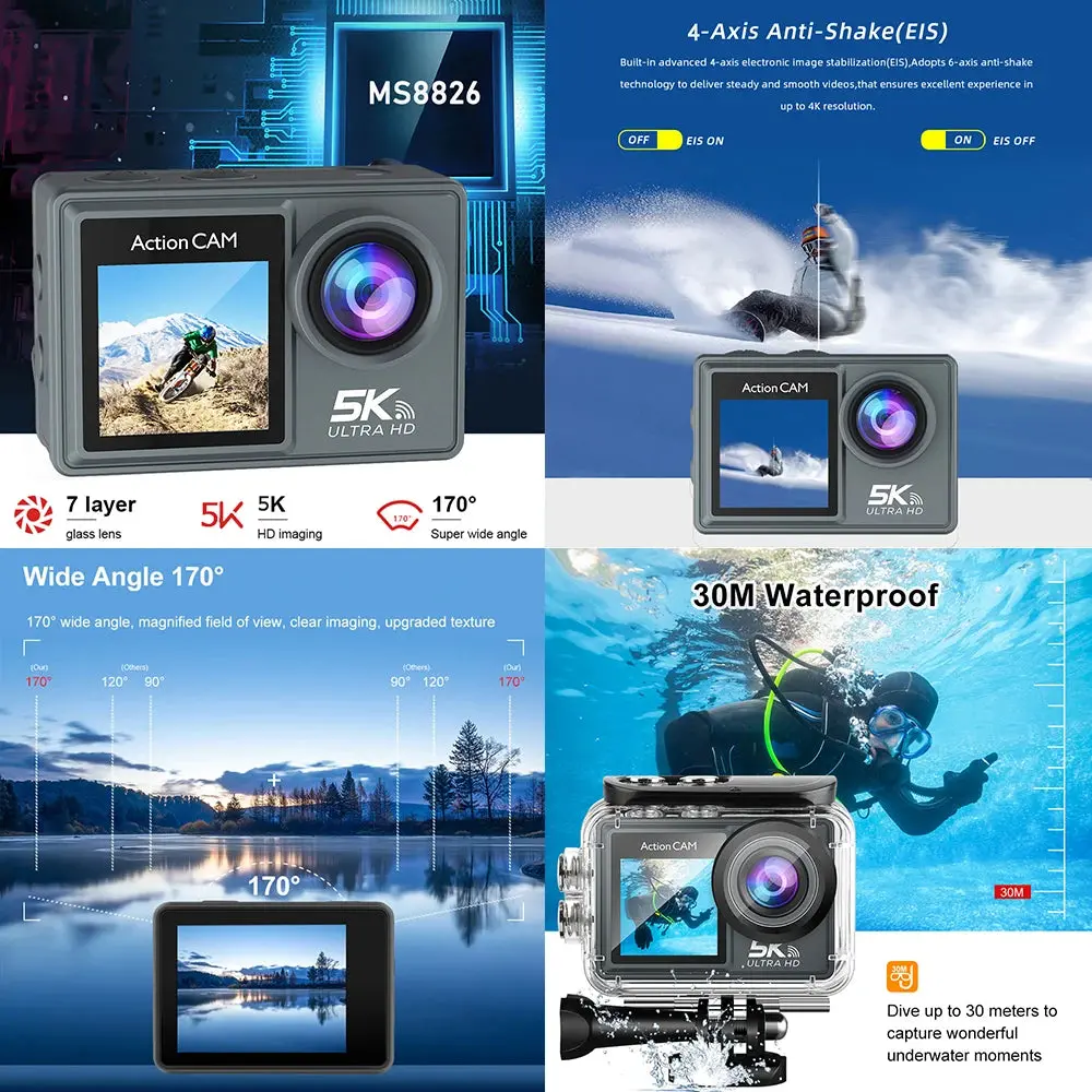 5K 4K60fps Action Camera Dual Ips Touch Lcd Eis 170° Dvr 30M Waterproof 5X Zoom Sport Camera With Wireless Mic & Pre Recording 4