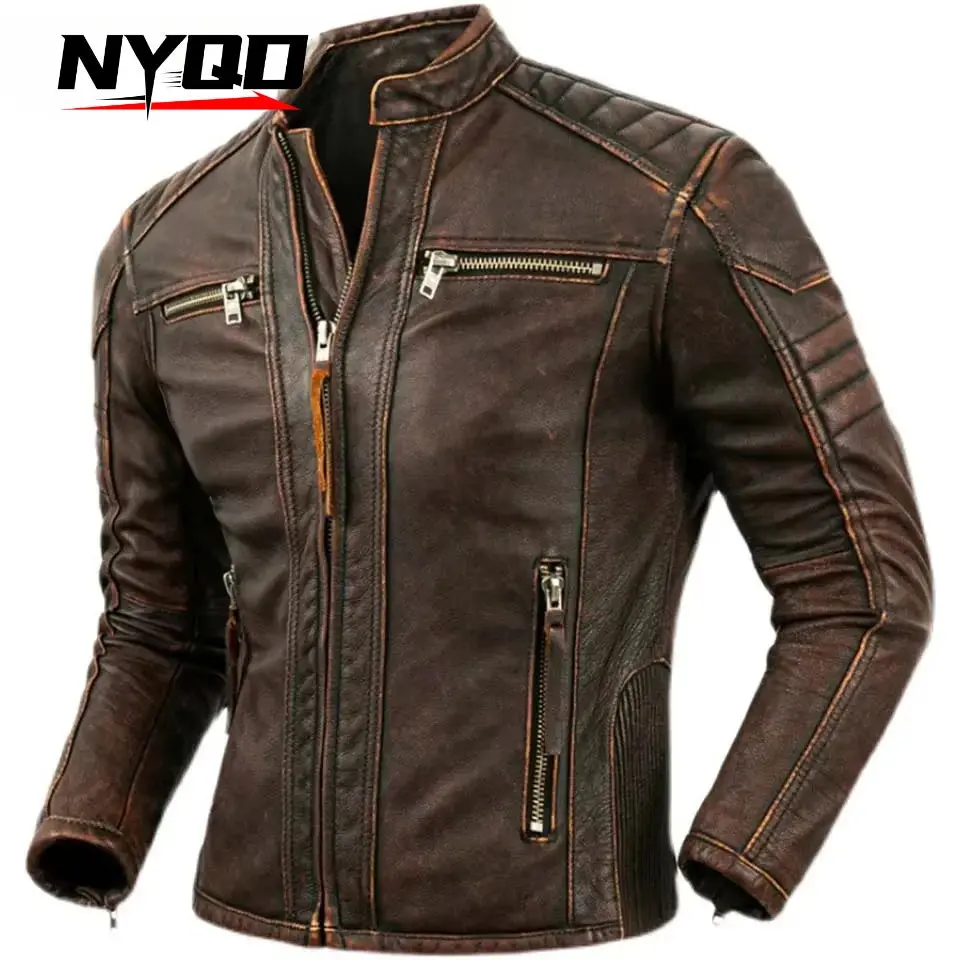 Men's Natural Leather Jacket First Layer Calfskin Stand Collar Motorcycle Jacket Retro Brown Cowhide Jacket Men‘S Biker Clothes 1