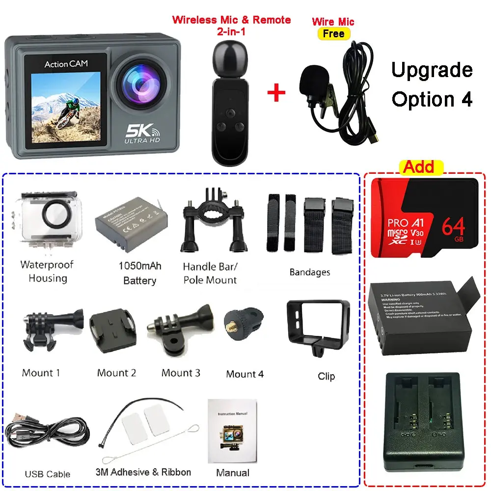 5K 4K60fps Action Camera Dual Ips Touch Lcd Eis 170° Dvr 30M Waterproof 5X Zoom Sport Camera With Wireless Mic & Pre Recording 11
