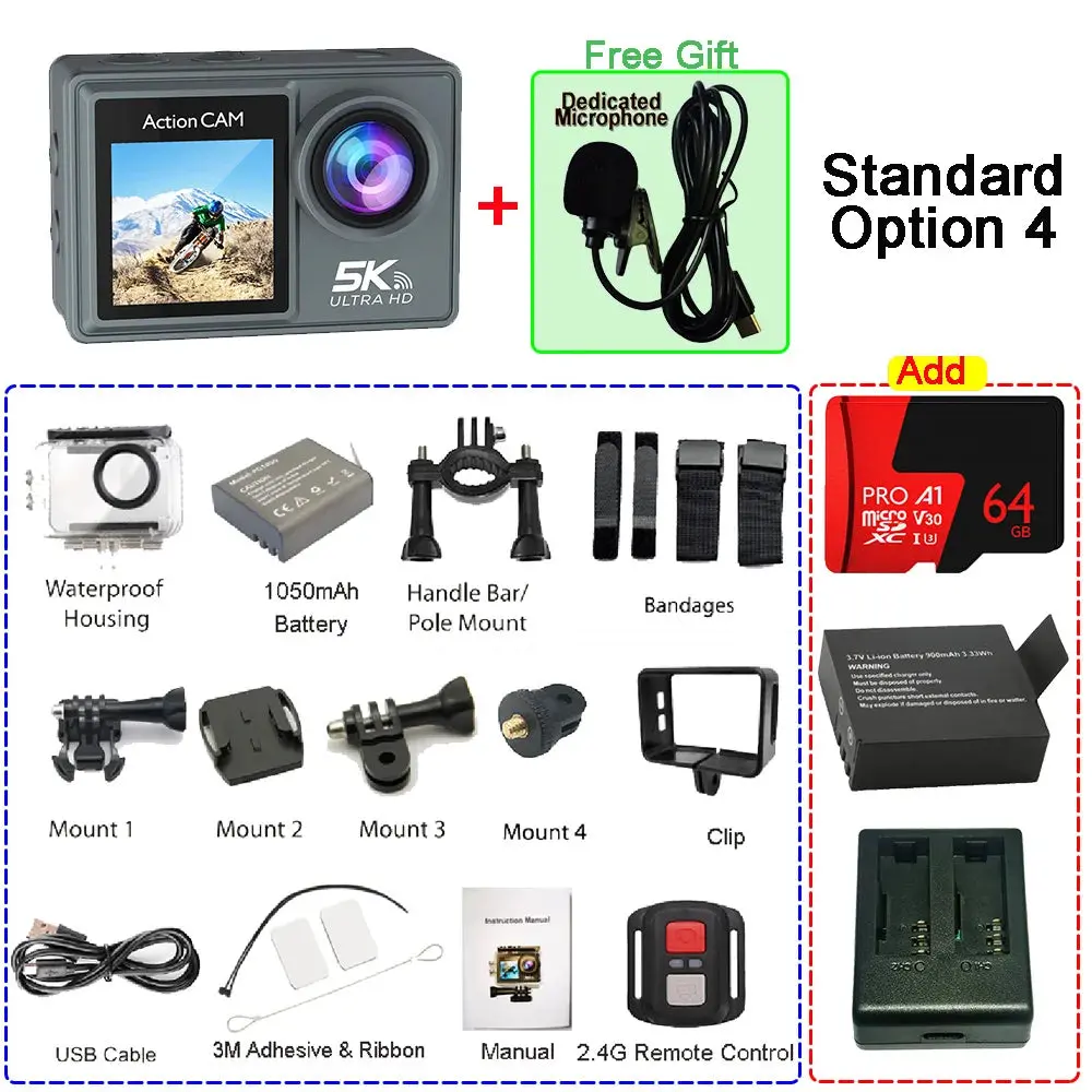 5K 4K60fps Action Camera Dual Ips Touch Lcd Eis 170° Dvr 30M Waterproof 5X Zoom Sport Camera With Wireless Mic & Pre Recording 17