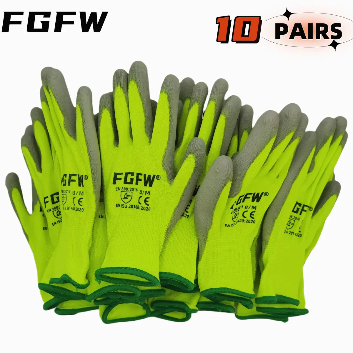 10 Pairs Pu Coated Work Gloves - Lightweight, Durable Safety Gloves En 388/Iso20471 Certified, Sizes S/M/L/Xl 1
