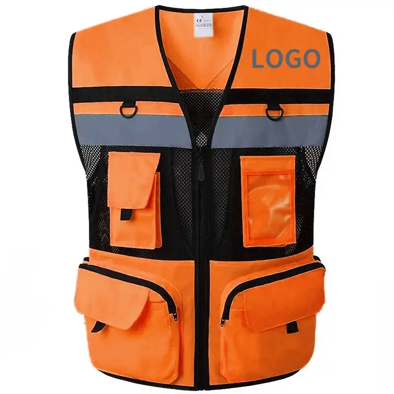 Custom Logo Safety Vest Reflective With Tool Pockets Breathable Work Gilet High Visibility Vest Mesh Reflective Vest Workwear 1
