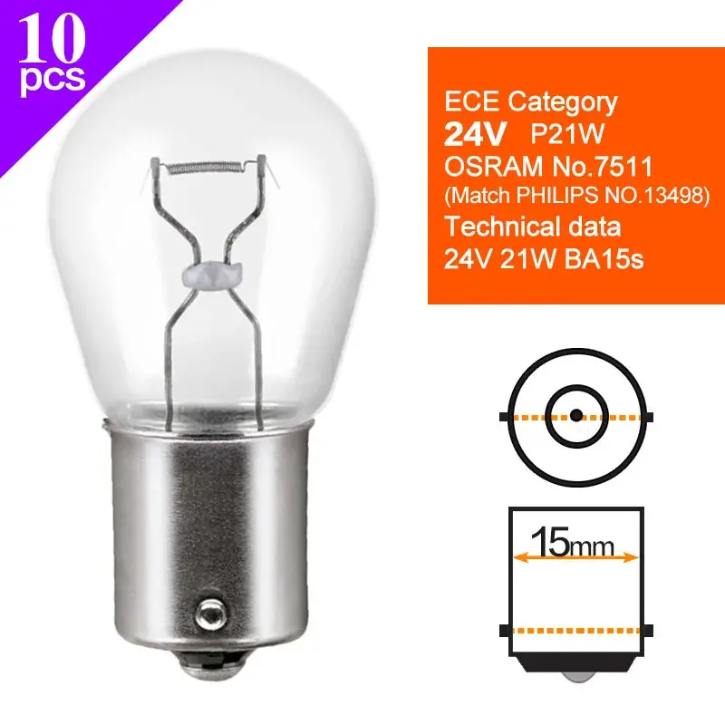 Truck Signal Lamp 24V Tail Stop Brake Back-Up Turn Side Light Osram Halogen Bulbs W5w2845 T10 R5w5627r10w5637 P21w7511 T4w 7537 2