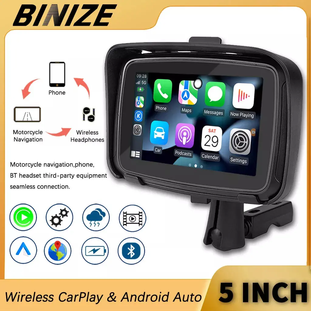 Binize 5 Inch Ips Touch Screen Portable Motorcycle Navigator Support Wireless Carplay ＆ Android Auto Waterproof 1