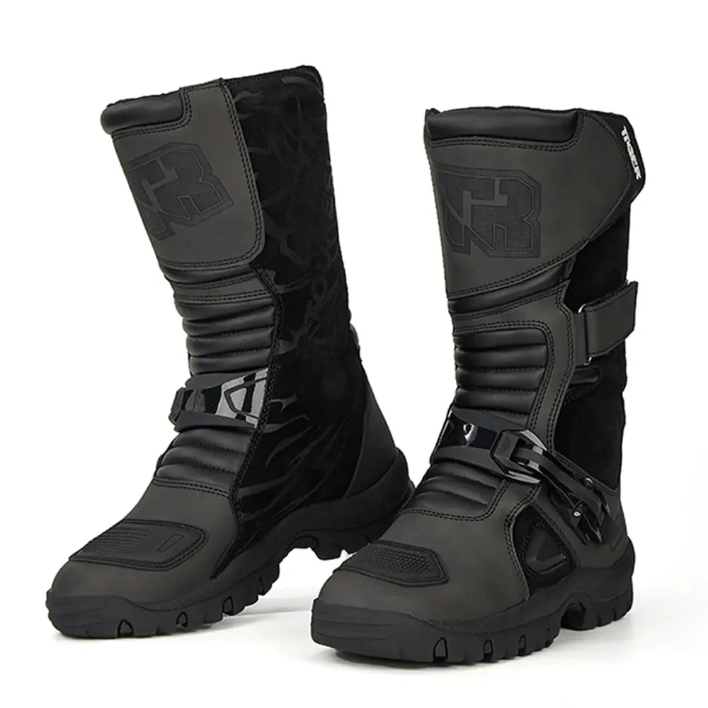 Retro Motorcycle Boots Cowhide Waterproof Mid-Calf Boots Black Botas Para Motociclista Hombre Motorbike Motocross Riding Boots 1