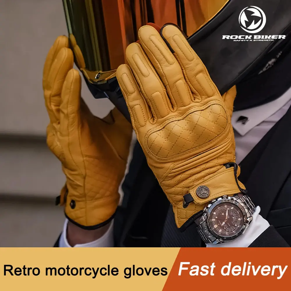 Vintage Motorcycle Gloves Touchscreen Retro Leather Motorbike Glove Men Women Cafe Racer Locomotive Knight Riding Guantes Yellow 1