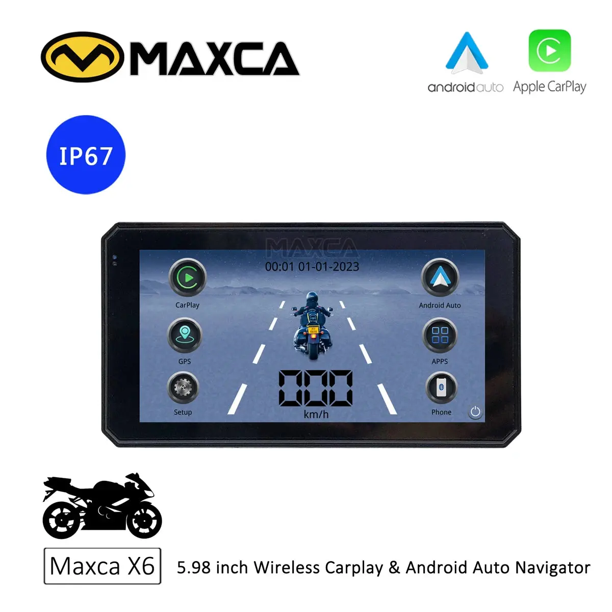 Maxca X6  Wireless Apple Carplay Android Auto Navigation Motorcycle  Ip67 Waterproof  Light Sensor Multimedia Player 1