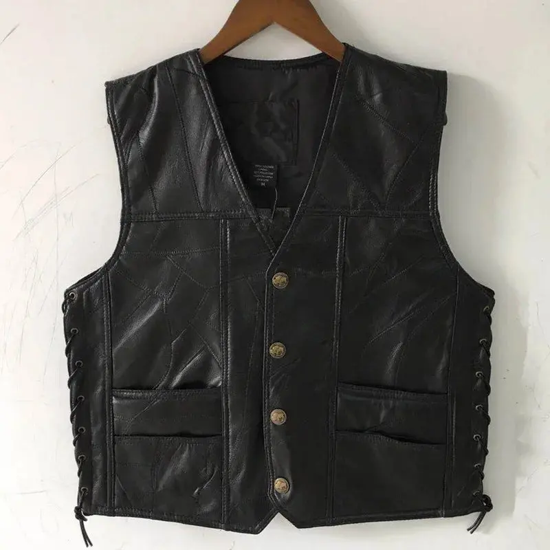 Mens Side Laces Adjustable Black Leather Motorcycle Vest Biker Vests Soft Sheepskin 1