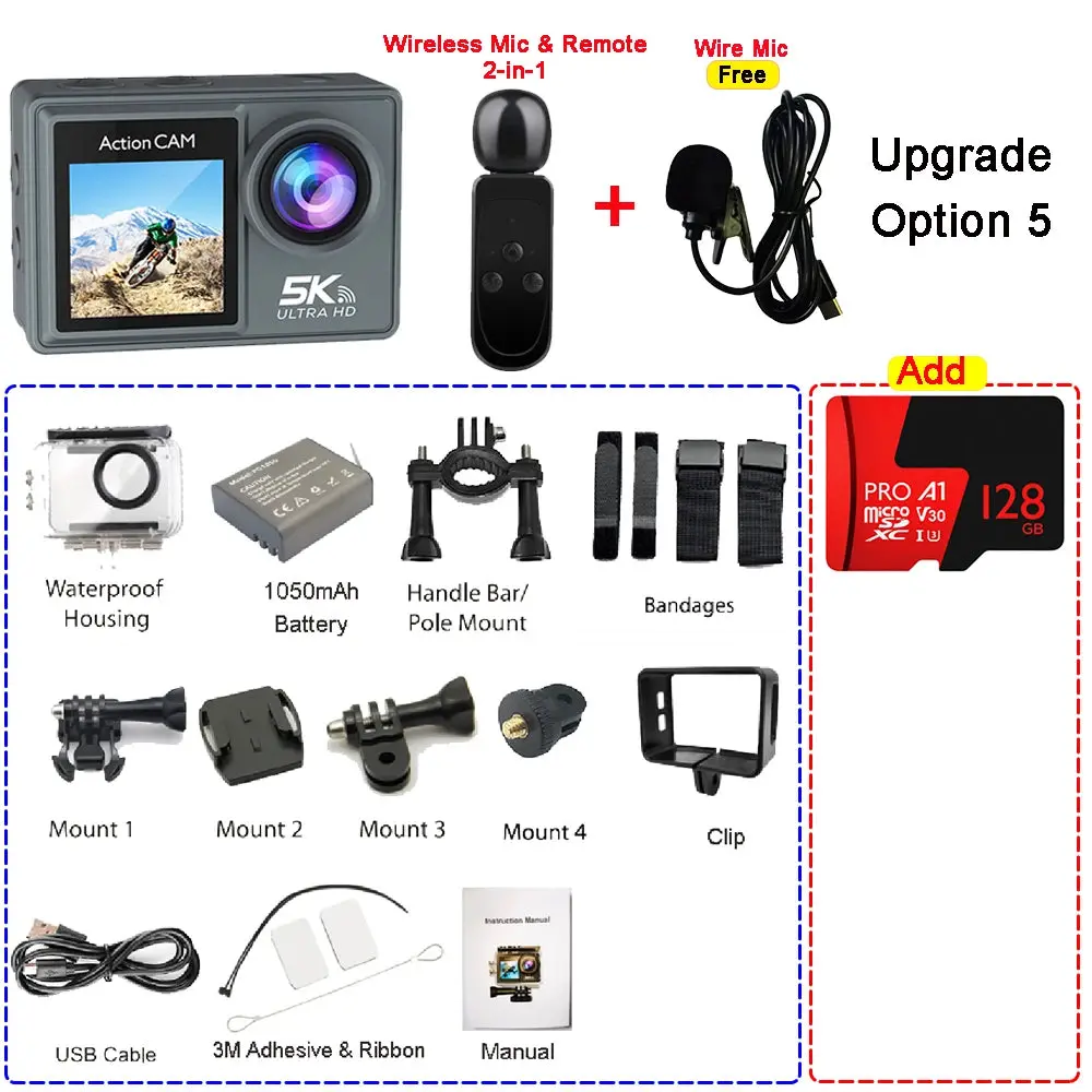 5K 4K60fps Action Camera Dual Ips Touch Lcd Eis 170° Dvr 30M Waterproof 5X Zoom Sport Camera With Wireless Mic & Pre Recording 10