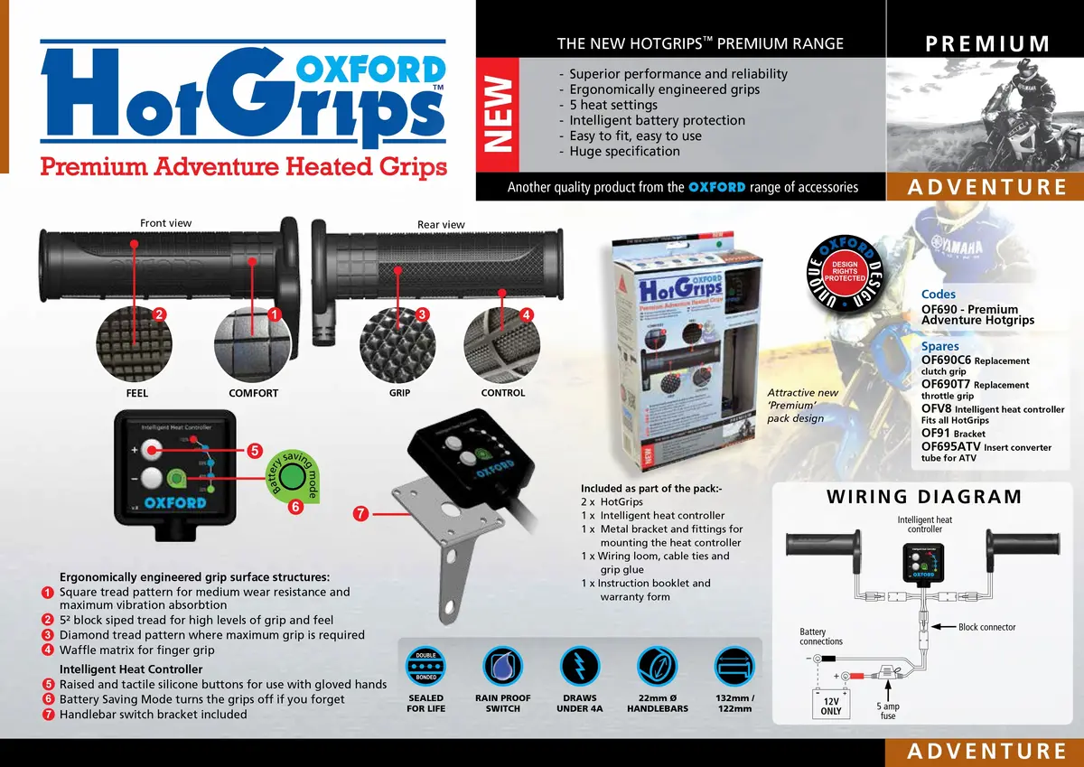 Oxford Of690 - Adventure V.8 Motorcycle Heated Fist, Ergonomic Design, 5 Temperature, Saving Mode, Rain Resistant 1