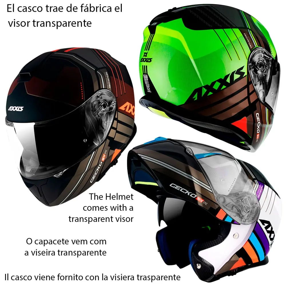Axxis Fu403sv Gecko Sv Epic 3 Graphics Colors Sizes Xs, S And Xl Transparent Screen Modular Biker Helmet (Not Include Black Viewfinder) 1