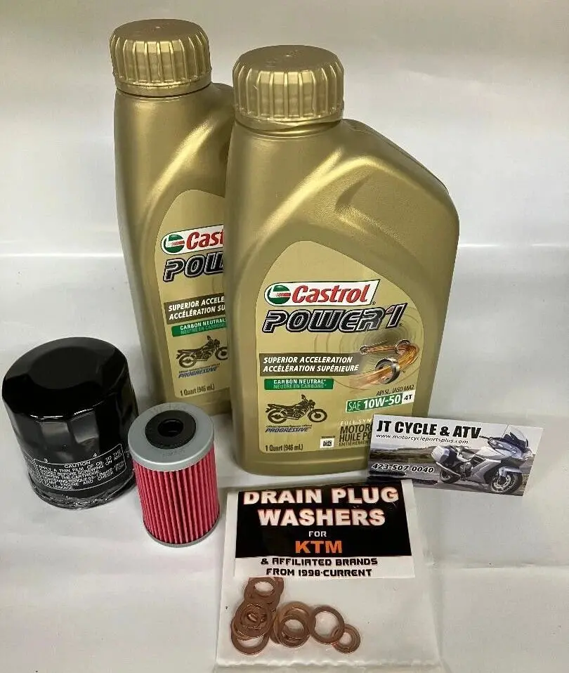 Ktm 620 Duke / 625 Smc / 640 Duke Lc4 Oil Change Kit – Castrol 10W‑50 Full Synthetic + Hiflo Engine & Trans Filters + Crush Washers 1