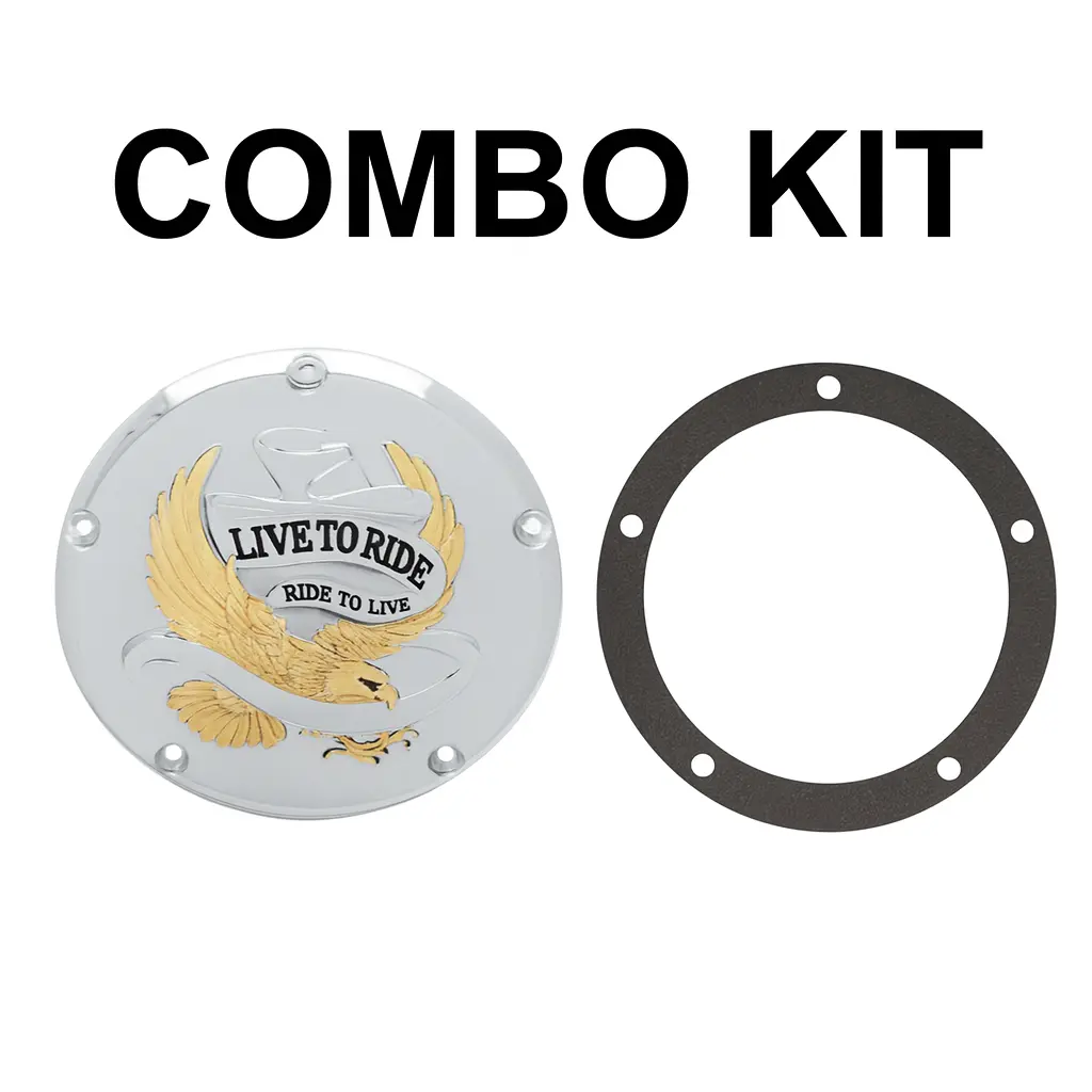 Drag Specialties “Live To Ride” Chrome 5‑Hole Derby Cover With Gold Eagle + Gasket For 1999‑2018 Harley Big Twin 1