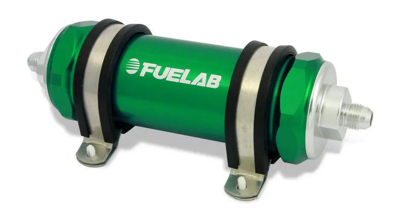 Fuelab 828 In-Line Fuel Filter Long -8An In/-10An Out 100 Micron Stainless - Green 1