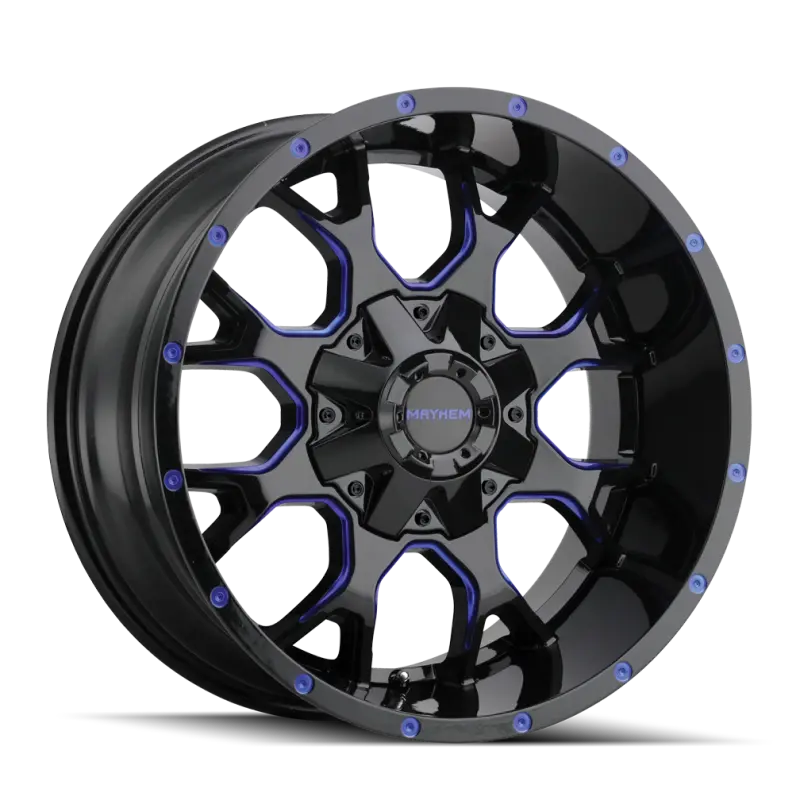 Mayhem 8015 Warrior Forged Alloy Wheel – 18X9 Inches, 6X135 Bolt Pattern, +18Mm Offset, 106Mm Hub Bore, Black With Prism Blue Accent 1