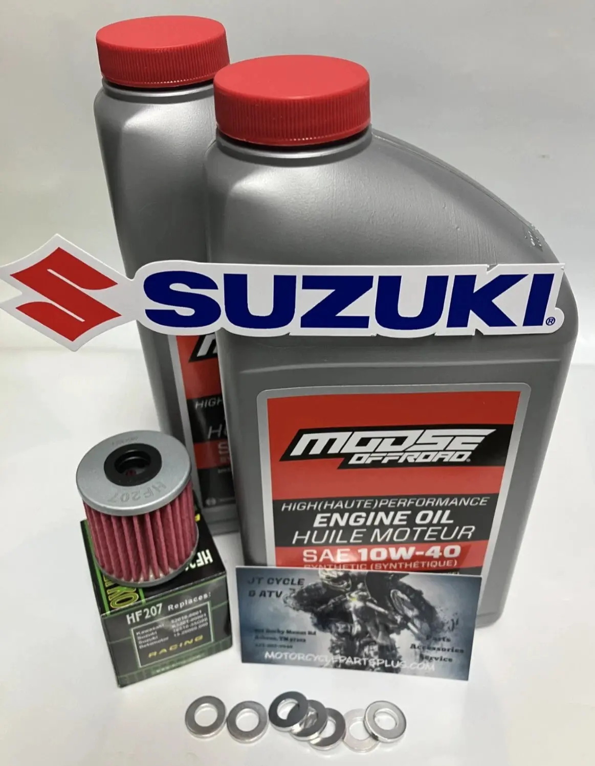 Suzuki Rmz250 / Rmz450 / Rmx450z Full Synthetic Oil Change Kit – Moose 10W‑40 + Hiflo Filter + M8 Washers + Free Suzuki Decal 1