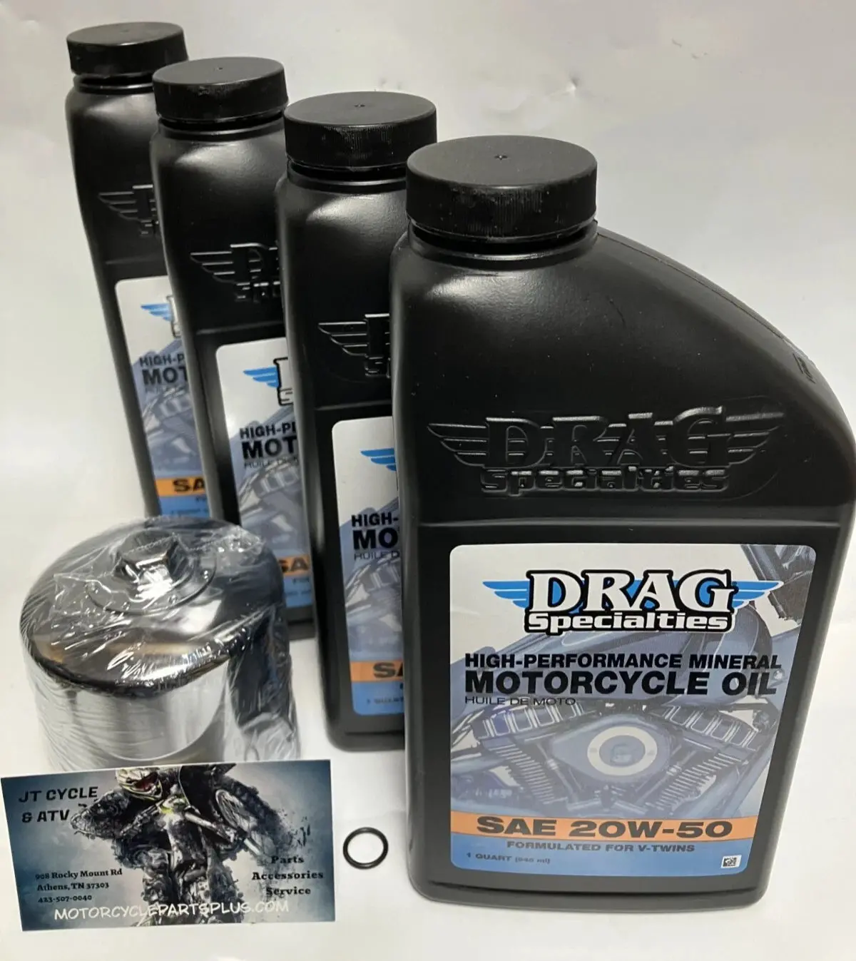 Harley Davidson Drag Specialties Twin Cam Oil Change Kit 20W‑50 Mineral Oil + Chrome Hifilo Filter 1